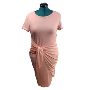 Lillusory Womens Wrap Bodycon Dress Size‎ M Peach Short Sleeve Lined Midi NWT